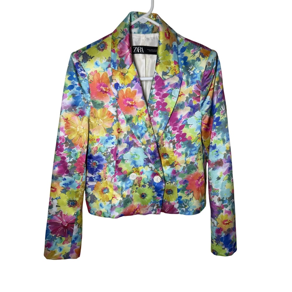 Zara Floral Blazer Womens M Cropped Double Breasted Satin Colorful Pink Jacket